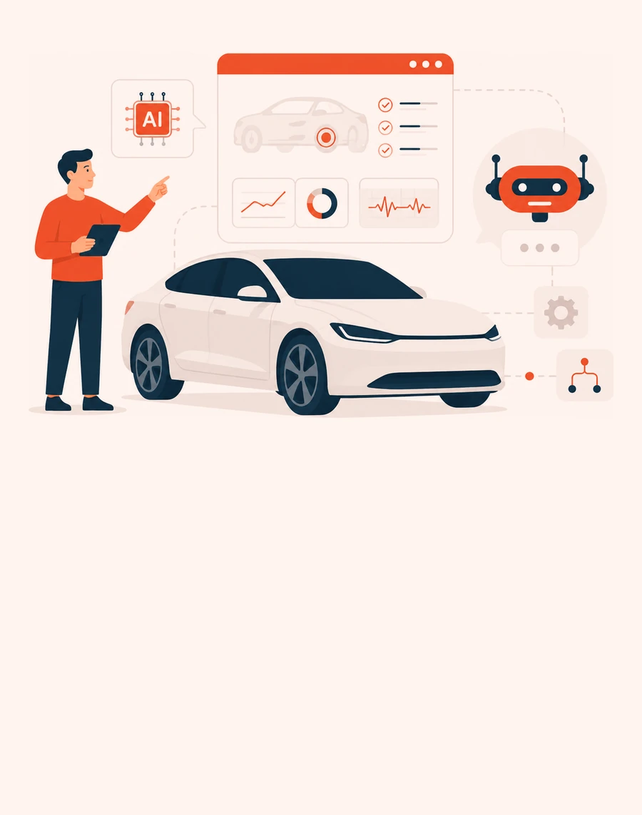Flat illustration of an engineer reviewing an AI-assisted vehicle diagnostics dashboard.