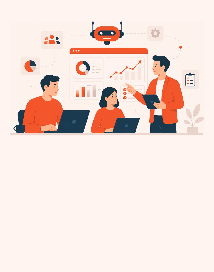 Flat illustration of a team reviewing AI-assisted business analytics dashboards.
